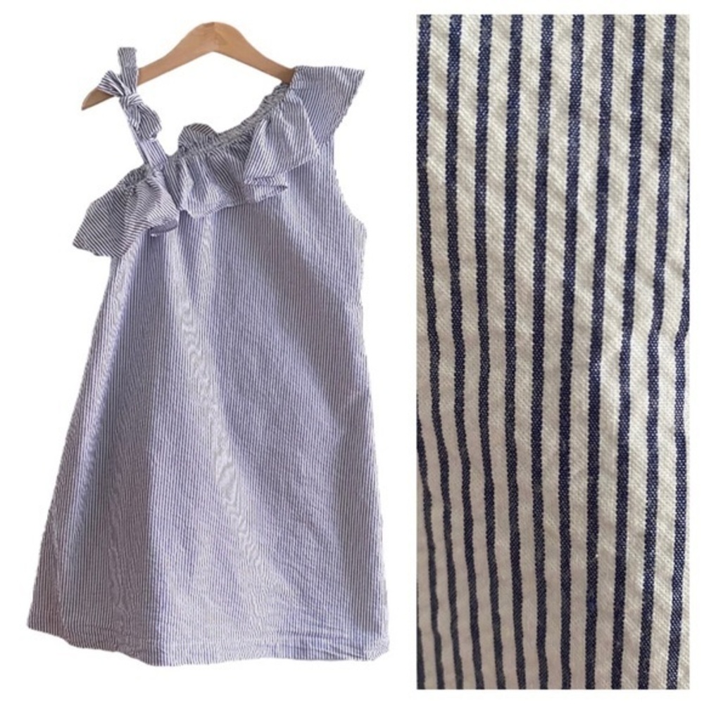 Bella Bliss Blue White Stripe Seersucker One Shoulder Ruffle Dress